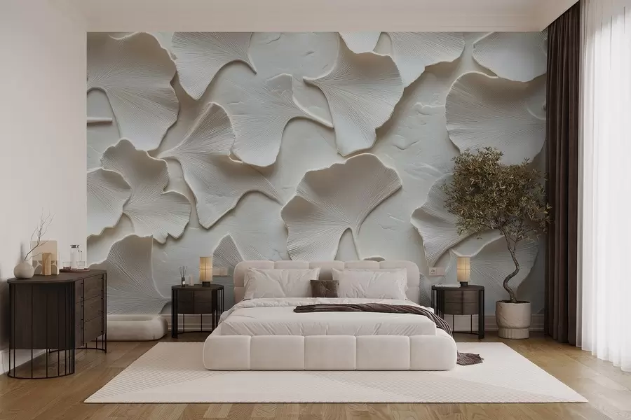 Valokuvatapetti Stukki, jossa on herkkä kohokuviointi ginkgolehdistä valkoisella pohjalla w08560v1