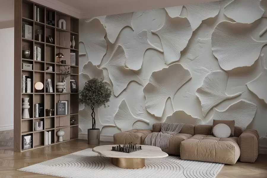 Valokuvatapetti Stukki, jossa on herkkä kohokuviointi ginkgolehdistä valkoisella pohjalla w08560v1