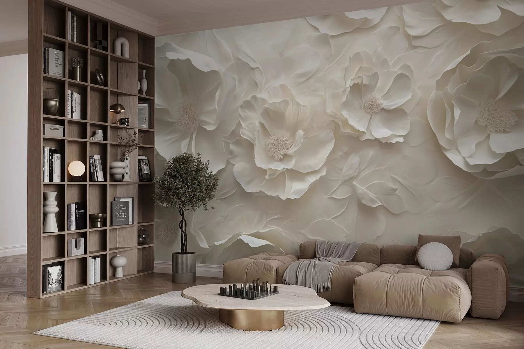 Valokuvatapetti Ilmavia kukkia lämpimillä sävyillä lehtien taustaa vasten w08562