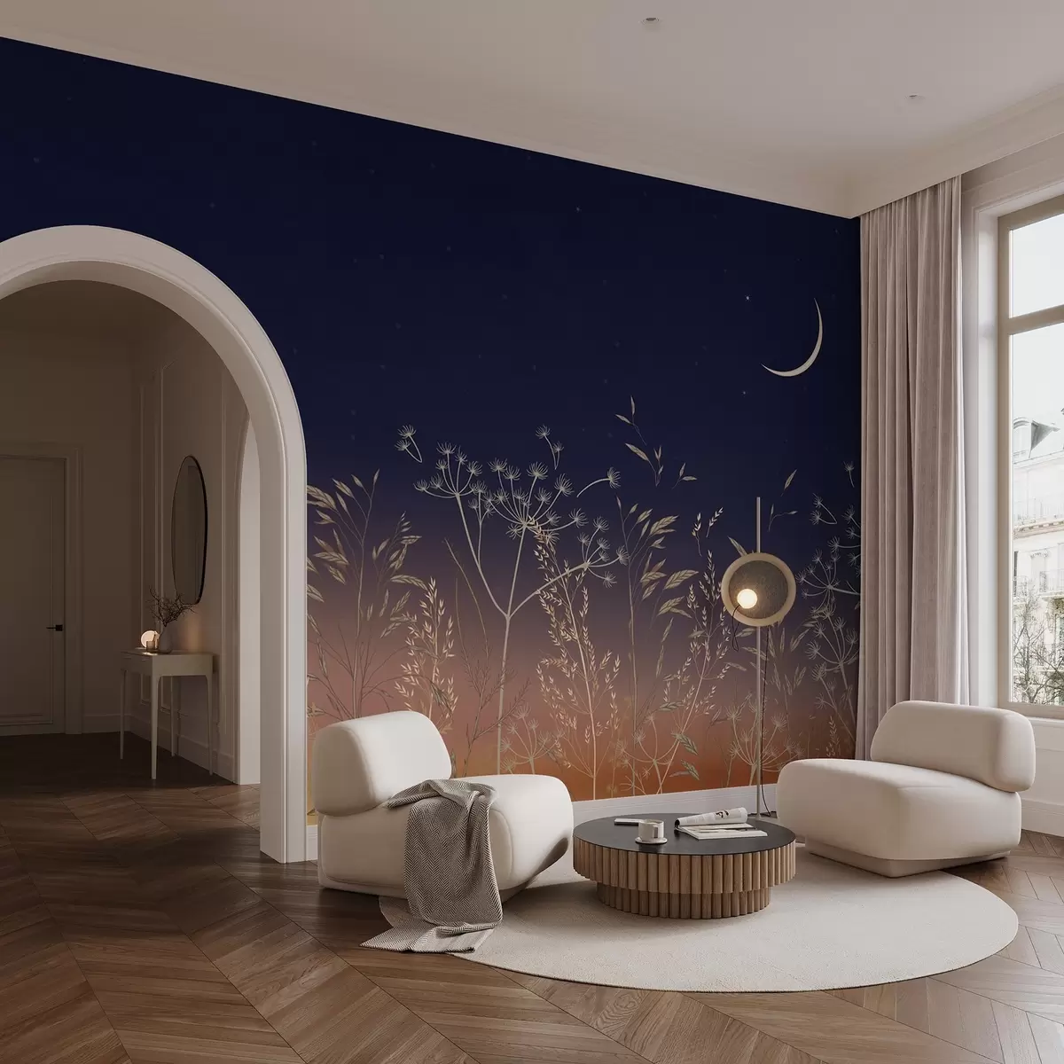 Valokuvatapetti Voikukkia ja luonnonkukkia vastaan auringonlaskun taustalla sininen taivas ja kuu w08567