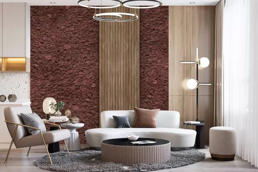 Valokuvatapetti Moss-tyylinen seinä puupaneelilla, rehevät viininpunaiset värit w02656v1