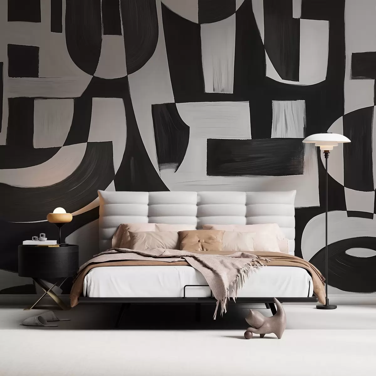 Valokuvatapetti Abstraktit mustavalkoiset geometriset muodot ja kuviot, jotka luovat visuaalisesti silmiinpistävän ja dynaamisen sommitelman w08608