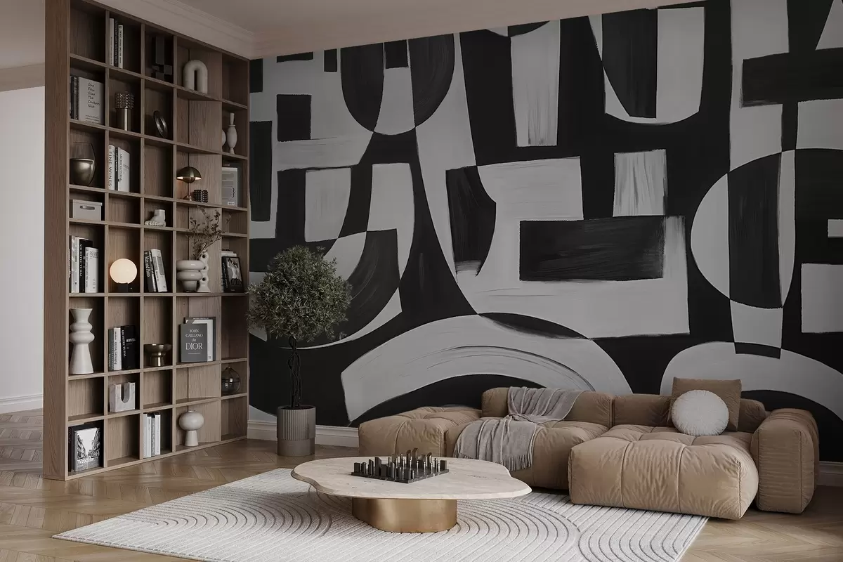 Valokuvatapetti Abstraktit mustavalkoiset geometriset muodot ja kuviot, jotka luovat visuaalisesti silmiinpistävän ja dynaamisen sommitelman w08608