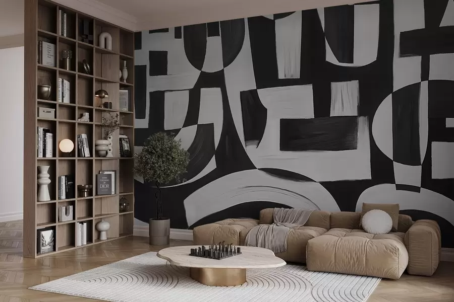 Valokuvatapetti Abstraktit mustavalkoiset geometriset muodot ja kuviot, jotka luovat visuaalisesti silmiinpistävän ja dynaamisen sommitelman w08608