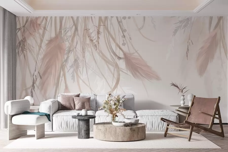 Valokuvatapetti Pehmeää, hentoa pampasruohoa ja piikkejä beigen ja vaaleanpunaisen sävyissä vaaleaa taustaa vasten w08611