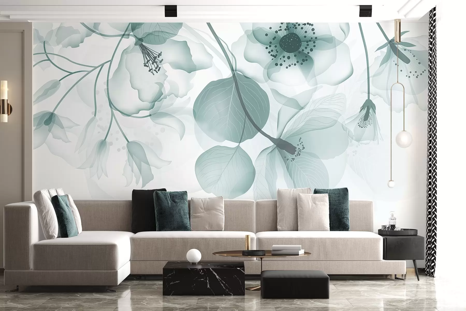 Valokuvatapetti Hienovaraisia, turkoosin sävyisiä, läpikuultavia kukkia, joissa on pehmeät terälehdet ja tummat keskukset vaaleaa taustaa vasten w08613v1