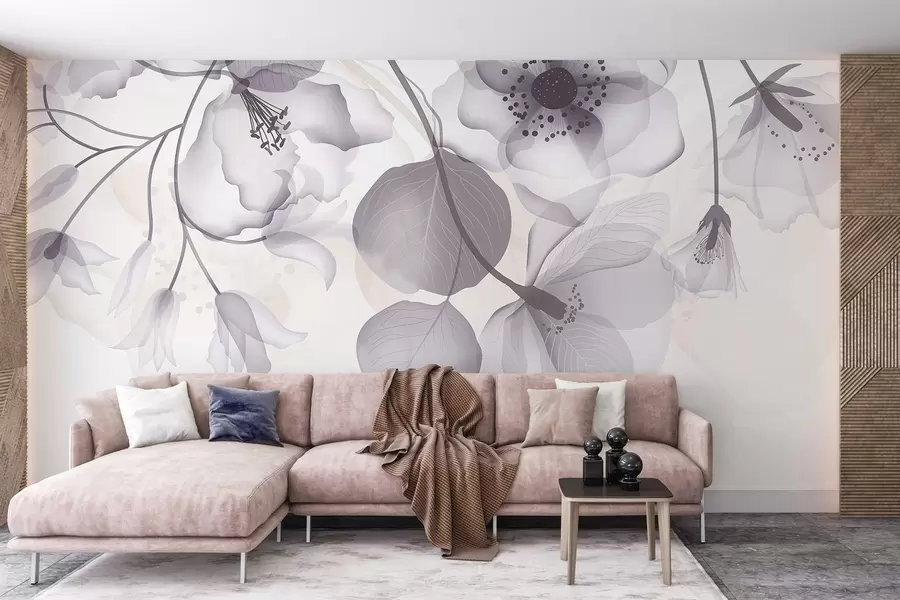 Valokuvatapetti Herkät harmaan ja beigen läpikuultavat kukat, joissa on pehmeät terälehdet ja tummat keskukset vaaleaa taustaa vasten w08613v2