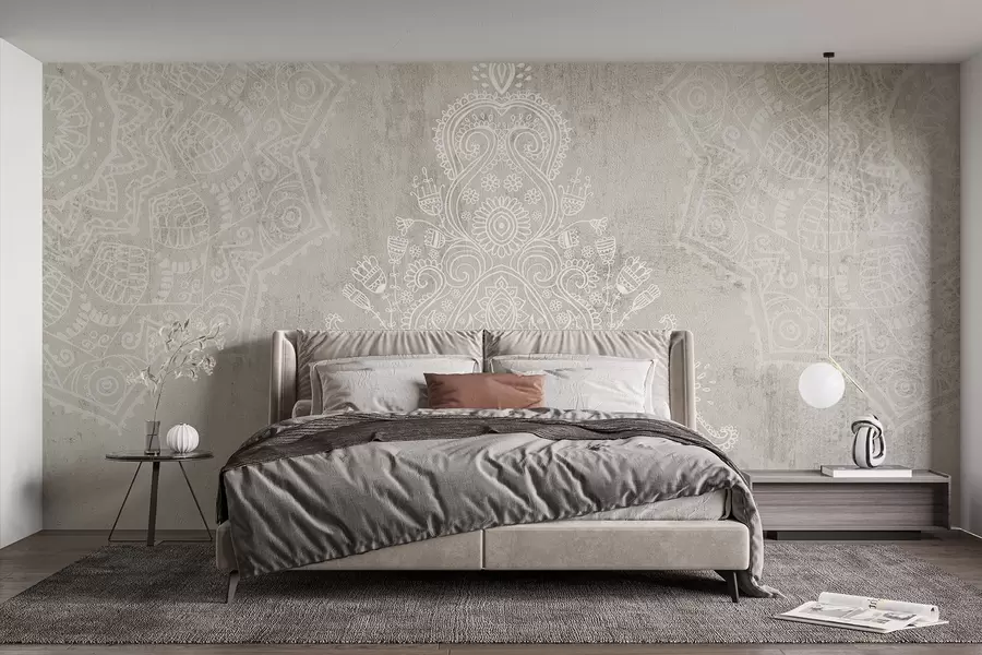 Valokuvatapetti Yksityiskohtainen, monimutkainen valkoinen pitsimandala painatus vaaleanbeigellä kuvioidulla abstraktilla pohjalla w08614