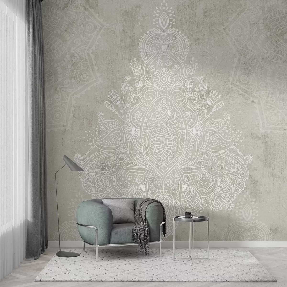 Valokuvatapetti Yksityiskohtainen, monimutkainen valkoinen pitsimandala painatus vaaleanbeigellä kuvioidulla abstraktilla pohjalla w08614