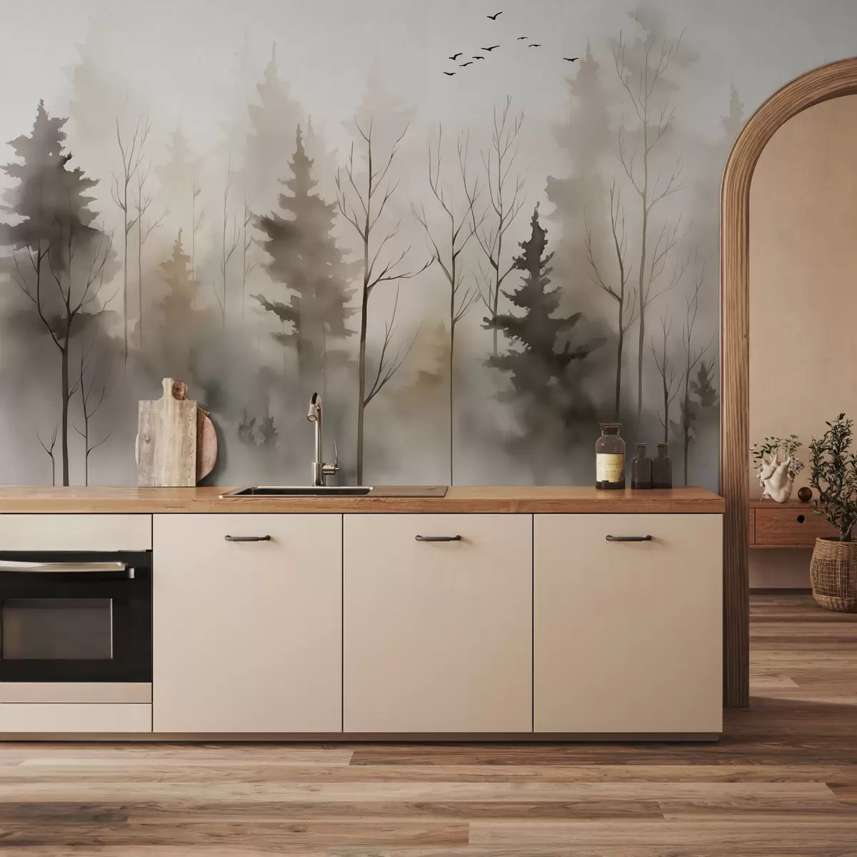 Valokuvatapetti Siluetteja kuusia ja puita jäljitelmä märkä vesiväri w02721