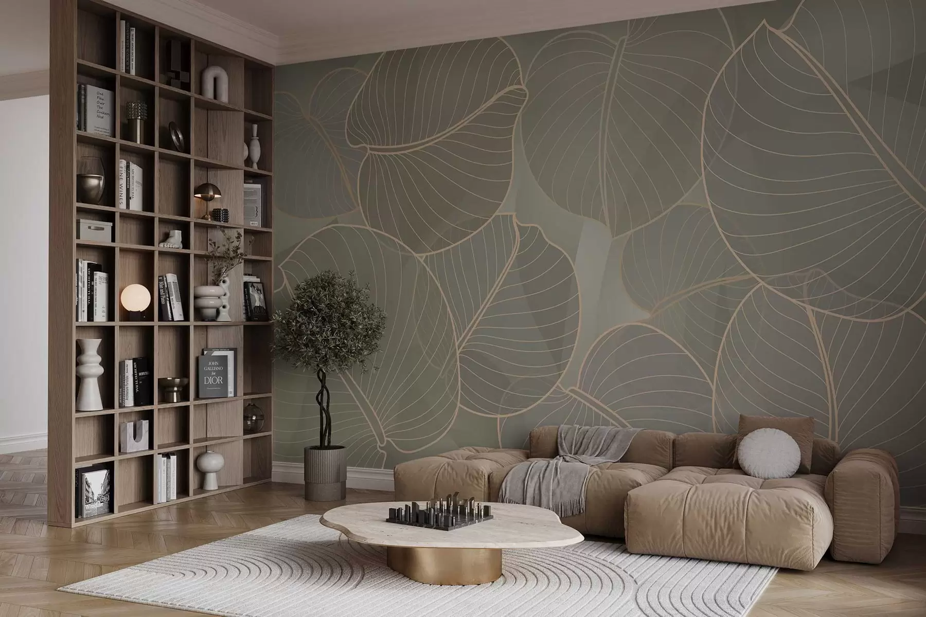 Valokuvatapetti elokuun liljan lineaariset lehdet beigen sävyisinä w02768