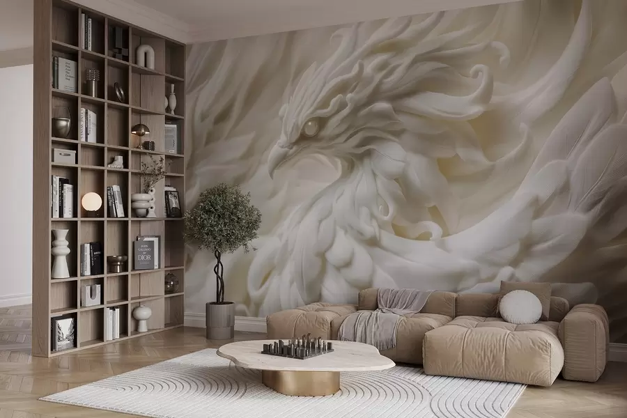 Valokuvatapetti Lintu, jolla on pitkät höyhenet, stukki-tyyliin beigen sävyissä w08629