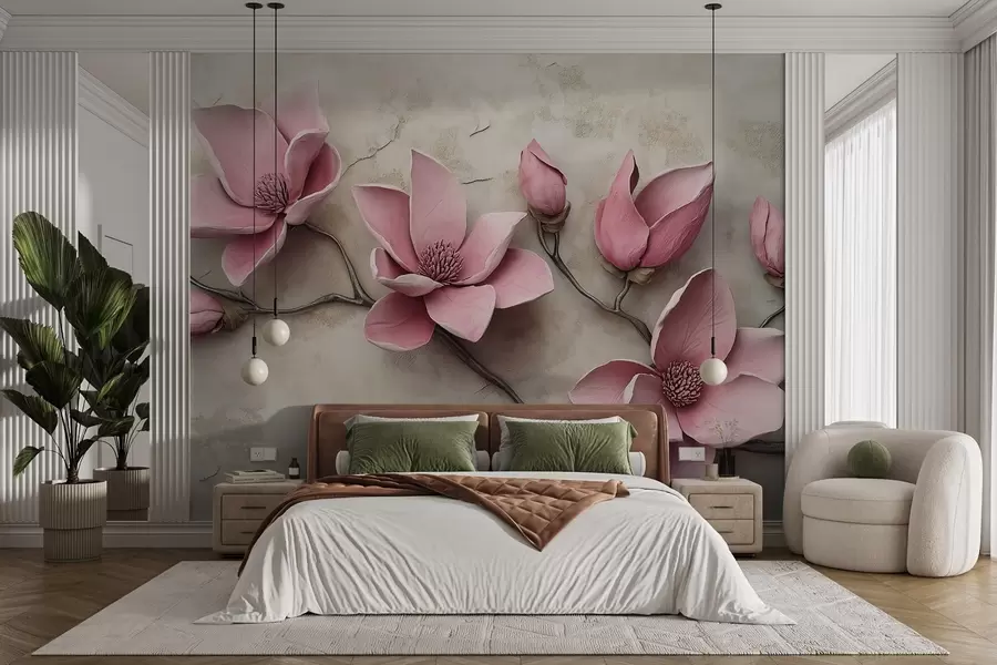 Valokuvatapetti Vaaleanpunaiset magnoliat stukkotyyliin w08635