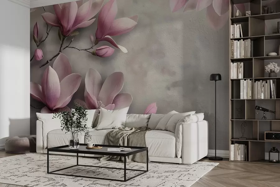 Valokuvatapetti Hennot vaaleanpunaiset magnoliat harmaan sävyisellä betoniseinällä w08636v1