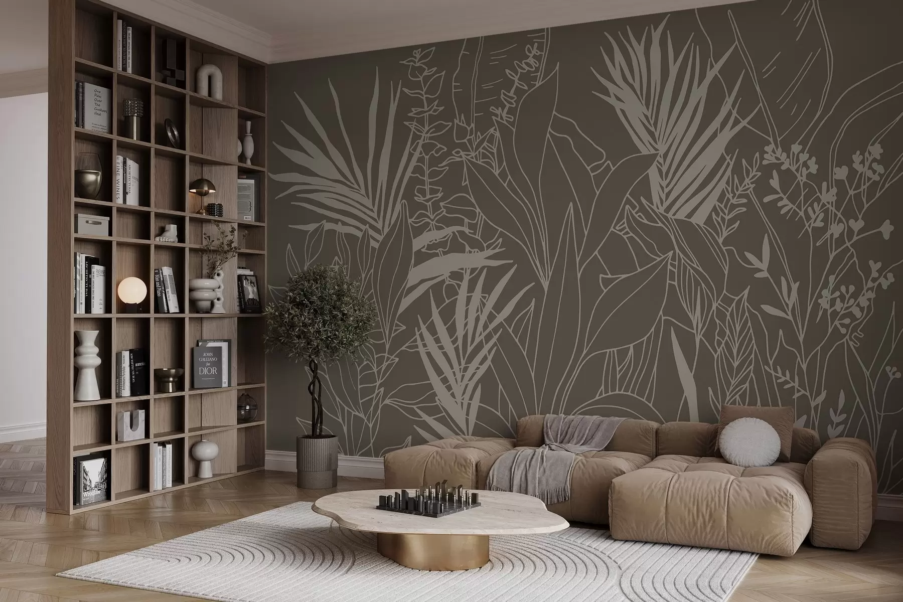 Valokuvatapetti Kasvitieteellinen Line Art vihreä tausta w02775v1