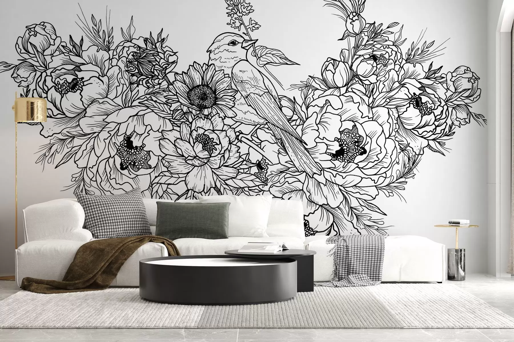 Valokuvatapetti Yksityiskohtainen Line Art lintu ja kukka-asetelma w02833v1