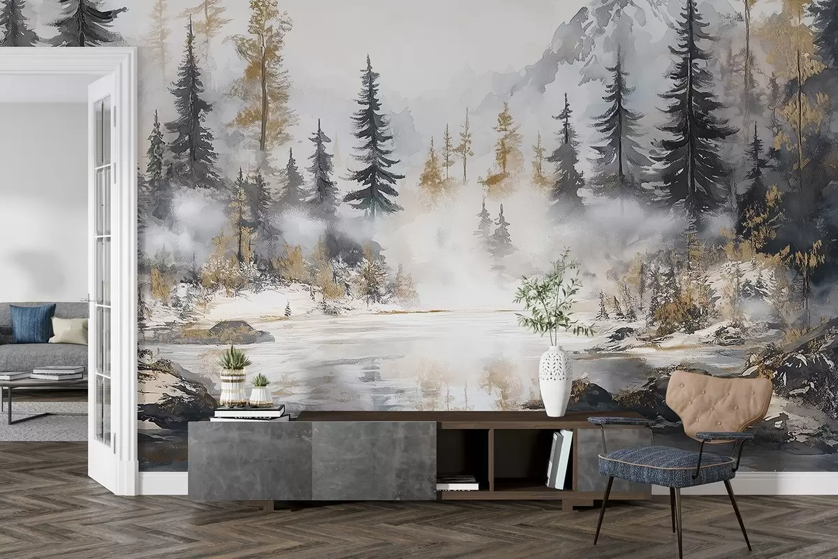 Valokuvatapetti Talvimaisema järven ja metsän, vuoret, pastelli tyyli darwing w02741