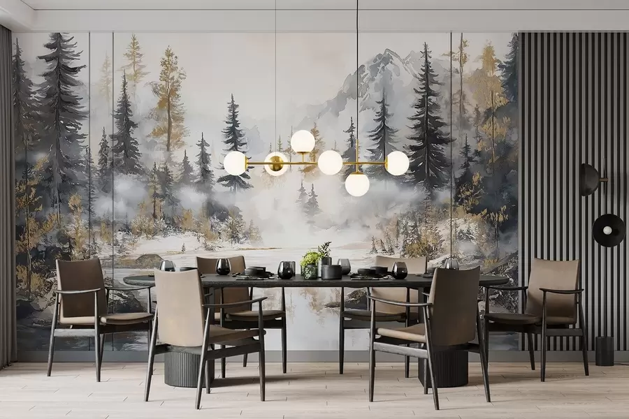 Valokuvatapetti Talvimaisema järven ja metsän, vuoret, pastelli tyyli darwing w02741
