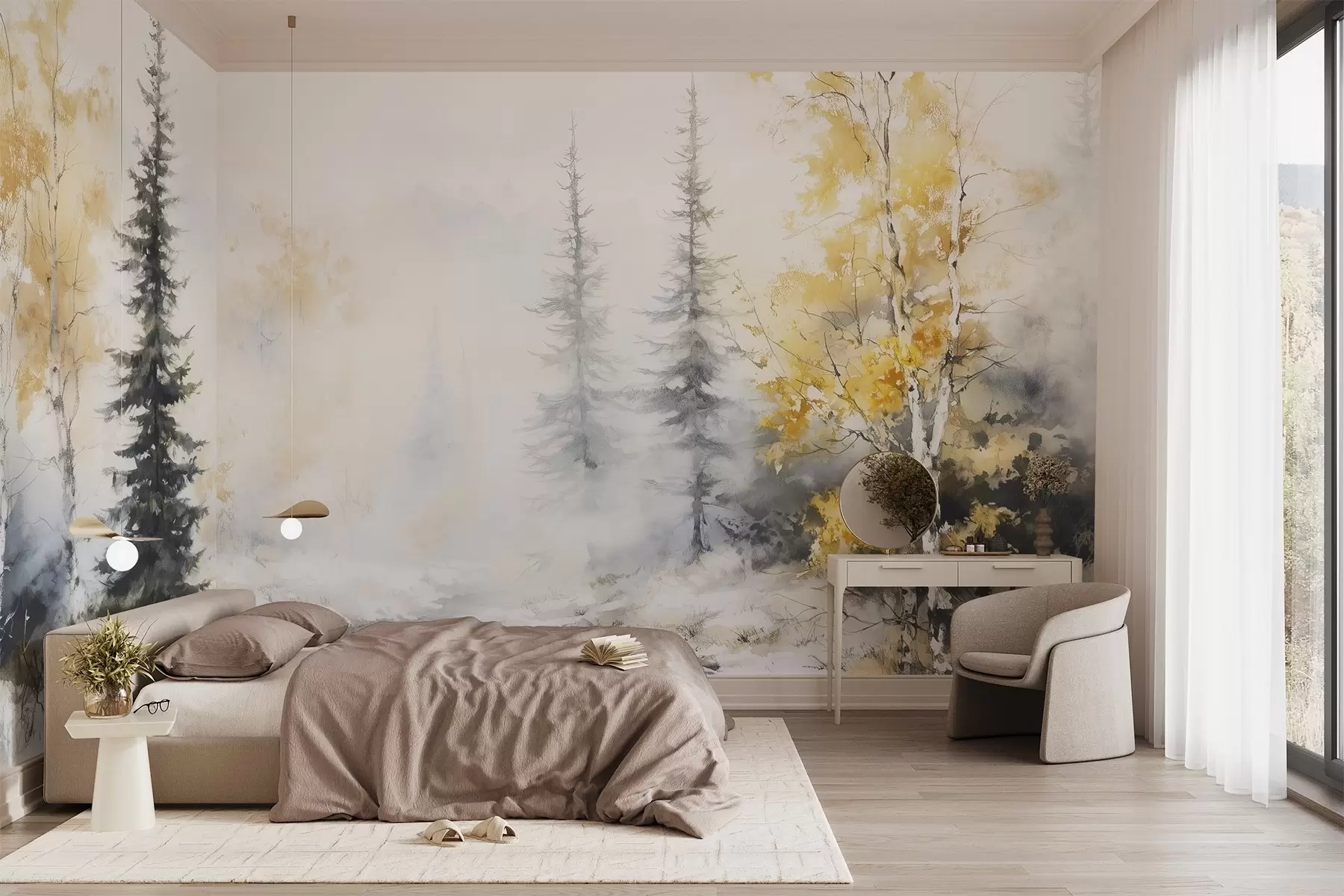 Valokuvatapetti Talvinen metsä, koivuja, mäntyjä, joki, sumu, pastellivärit w02742