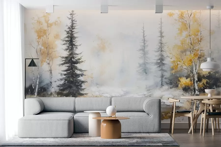 Valokuvatapetti Talvinen metsä, koivuja, mäntyjä, joki, sumu, pastellivärit w02742