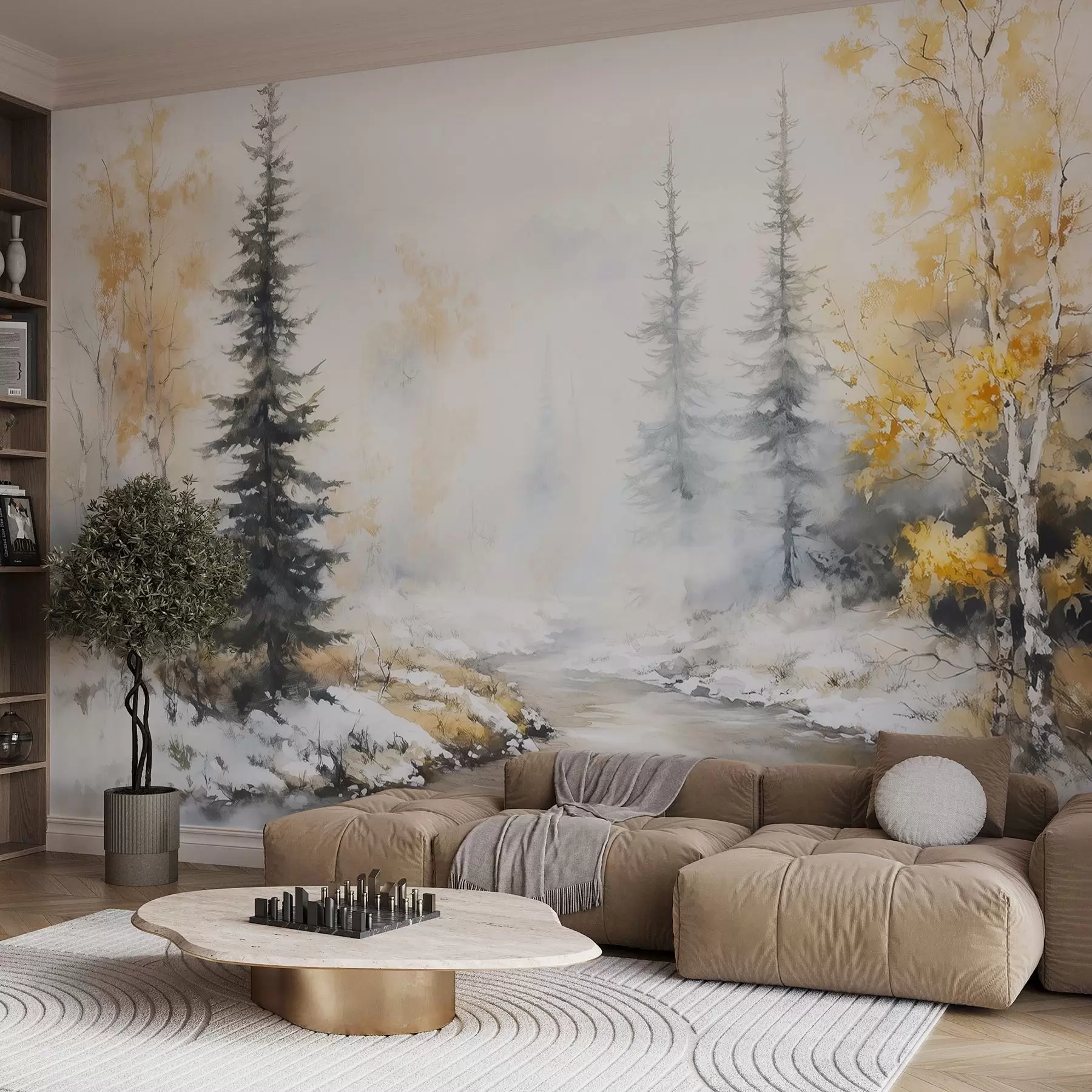 Valokuvatapetti Talvinen metsä, koivuja, mäntyjä, joki, sumu, pastellivärit w02742