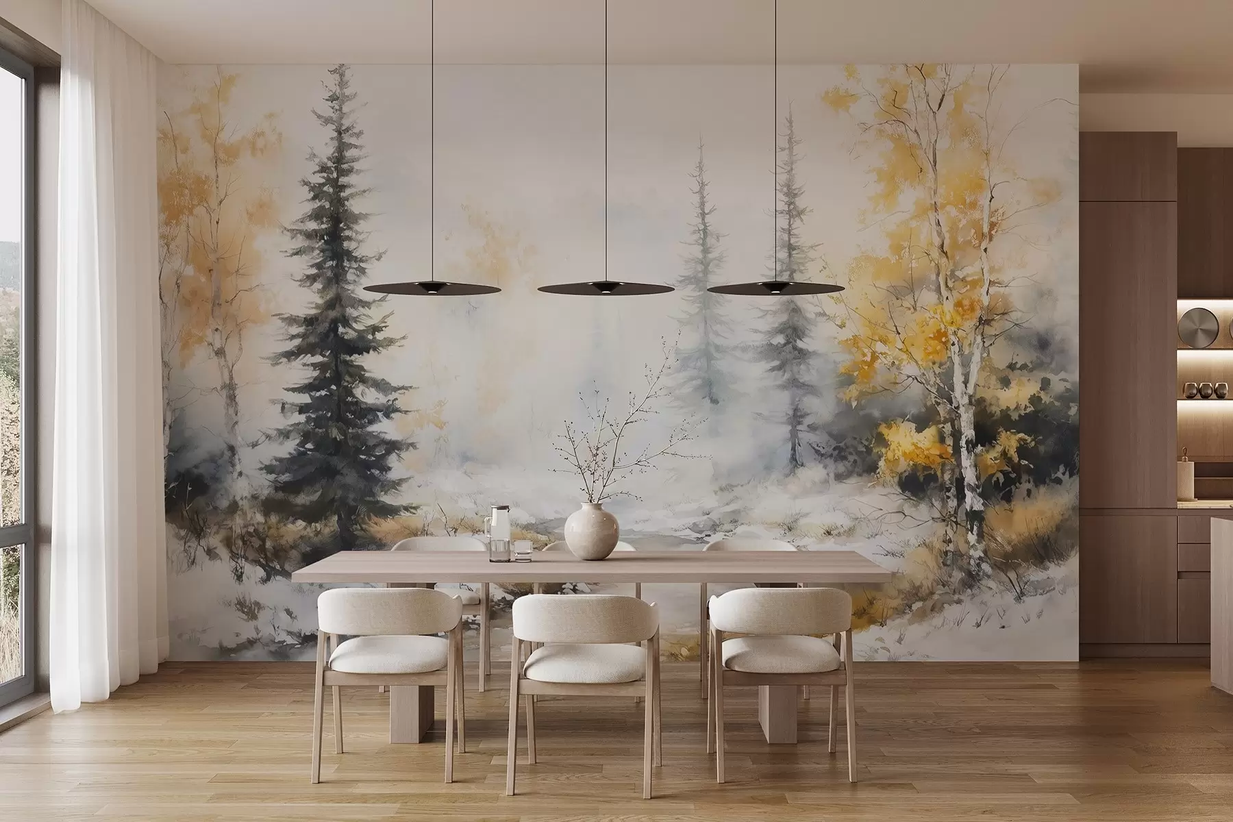 Valokuvatapetti Talvinen metsä, koivuja, mäntyjä, joki, sumu, pastellivärit w02742