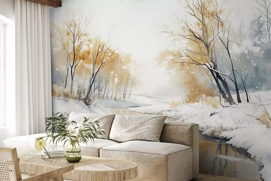 Valokuvatapetti Talvi jokimaisema metsä, vesivärityylinen piirustus w02743