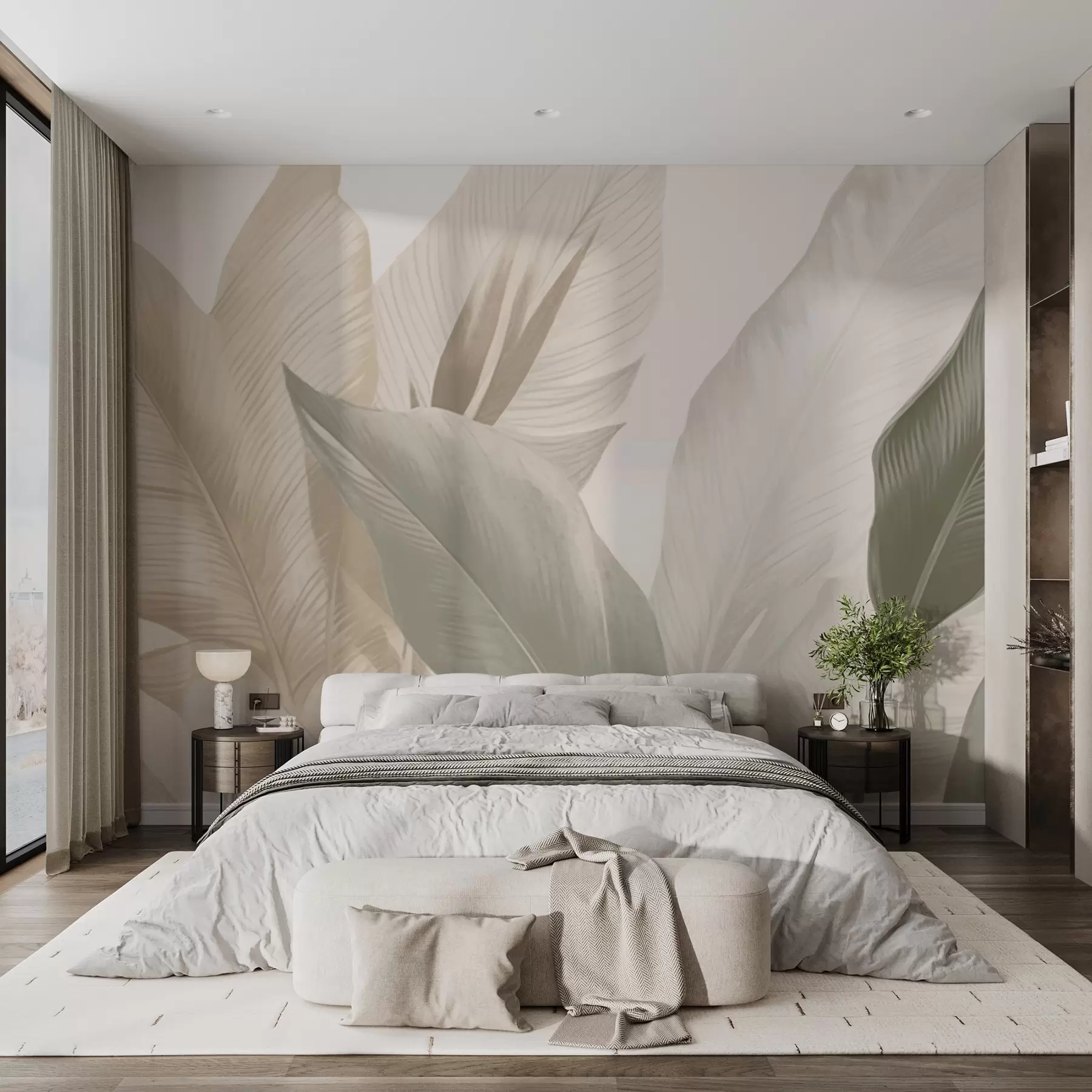 Valokuvatapetti Trooppisia lehtiä pehmeissä beigen ja vihreän sävyissä, joissa on akvarellivaikutelma ja lempeät värisiirtymät. w02854