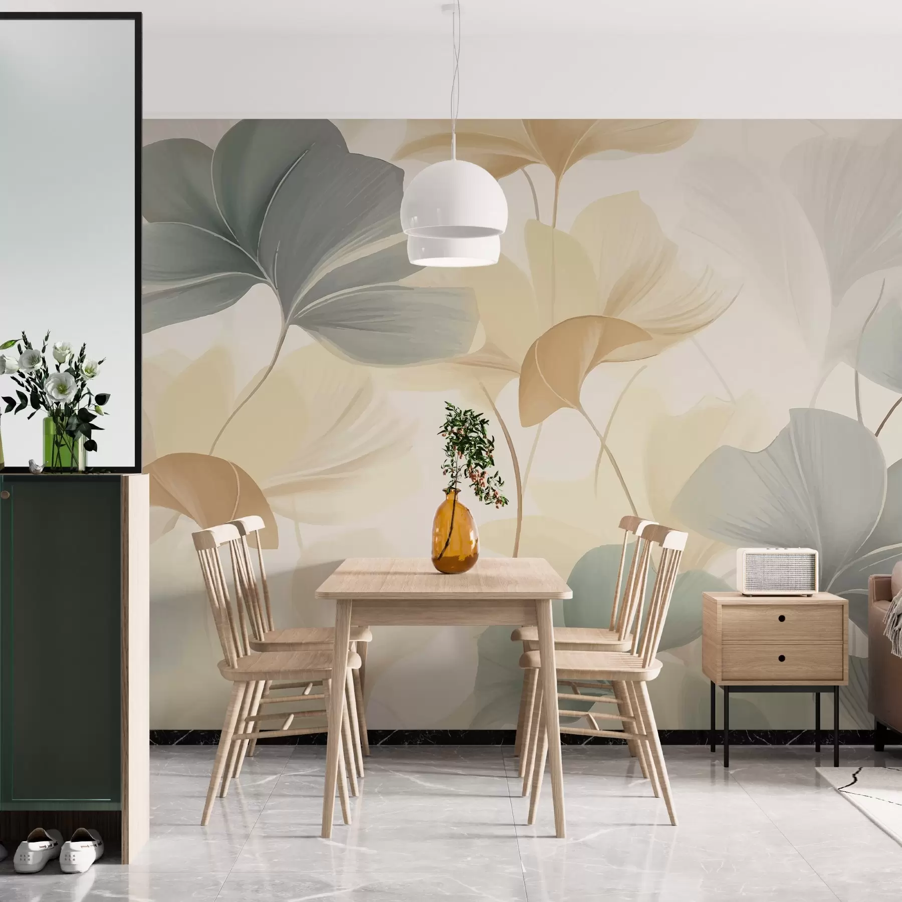 Valokuvatapetti Ginkgolehtien kuvio pehmeissä pastellisävyissä, vihreän, keltaisen ja kerman sävyjen sekoituksessa, joka luo kevyen ja ilmavan tunnelman w02855