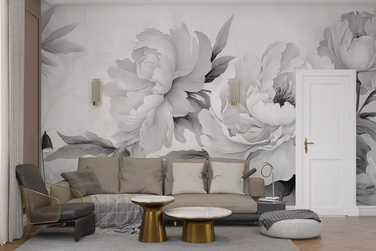 Valokuvatapetti Ylelliset pionit harmaan sävyissä, joissa on hienovaraisia yksityiskohtia terälehdistä ja lehdistä, jotka luovat tyylikkään ja seesteisen ilmapiirin. w02856