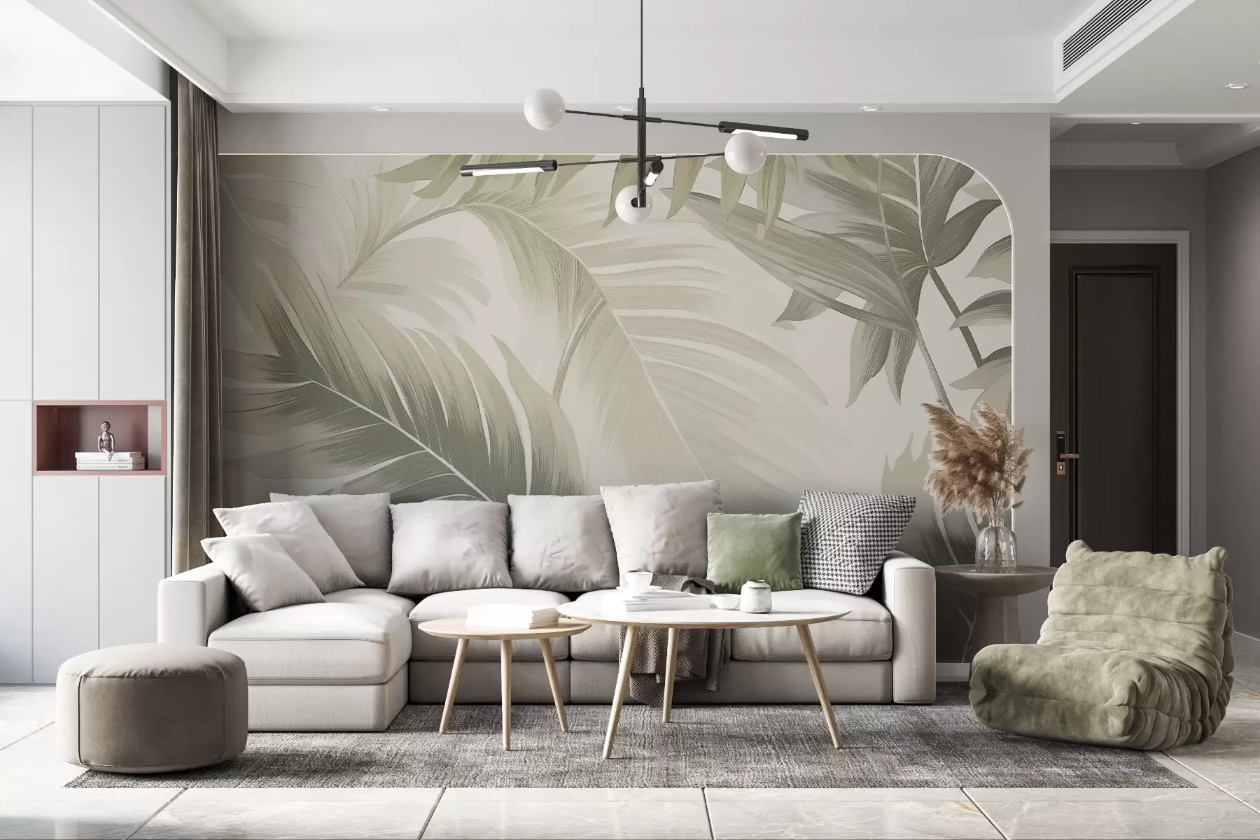 Valokuvatapetti Kuvio suurista trooppisista lehdistä pehmeän vihreän ja beigen sävyissä, joissa on tasaisia sävyjä ja herkkiä tekstuurin yksityiskohtia w02858