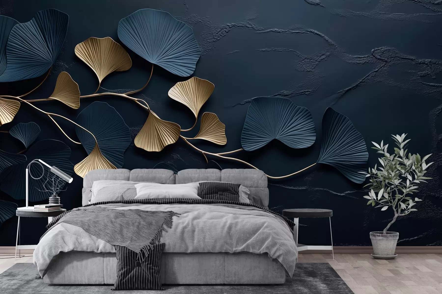 Valokuvatapetti Volumetrinen oksa, jossa on lehtiä betoniseinällä w02841