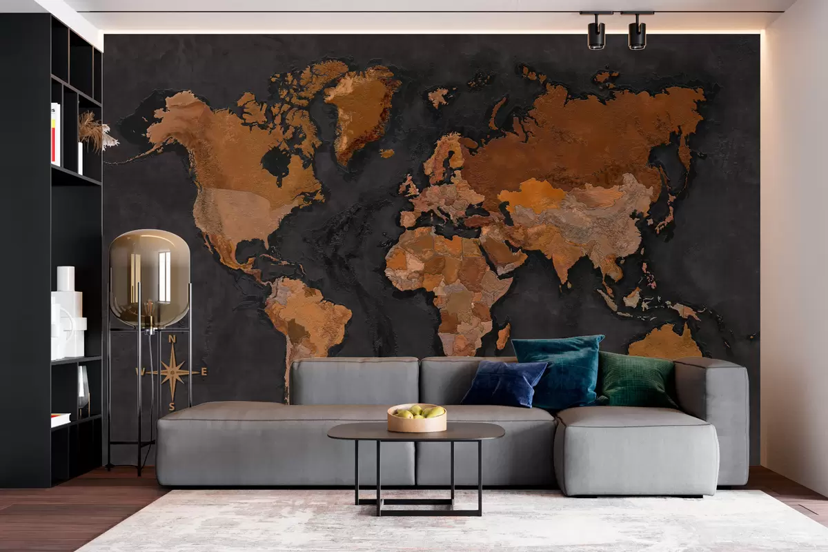 Valokuvatapetti Maailmankartta betoniseinällä, jossa on betoniefekti w02552