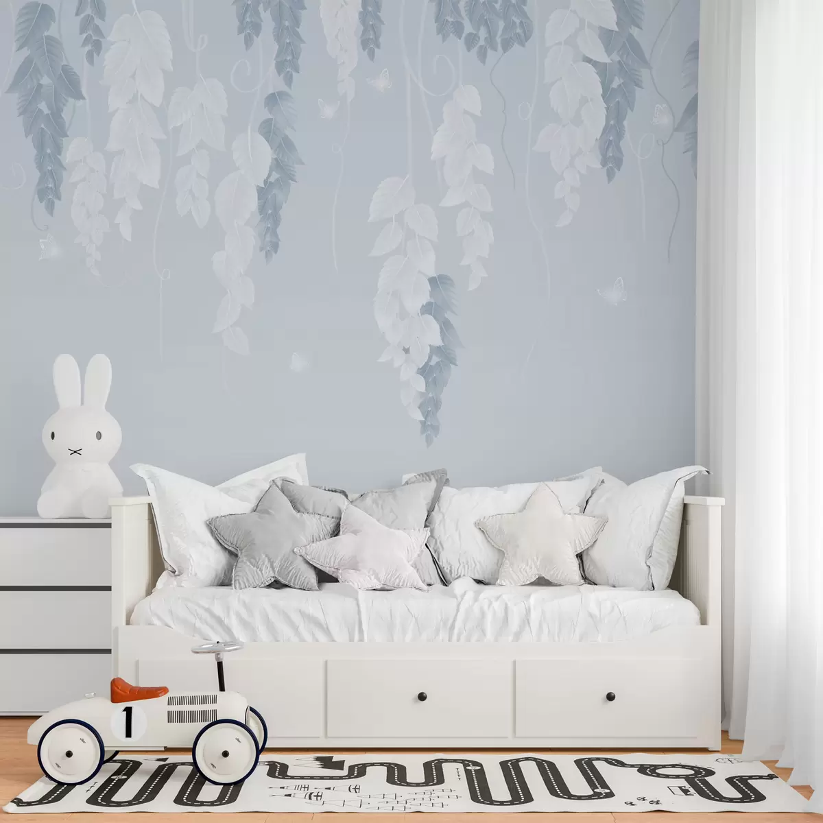 Valokuvatapetti Ripustettavat lehdet ja perhoset sinisellä w02655v1