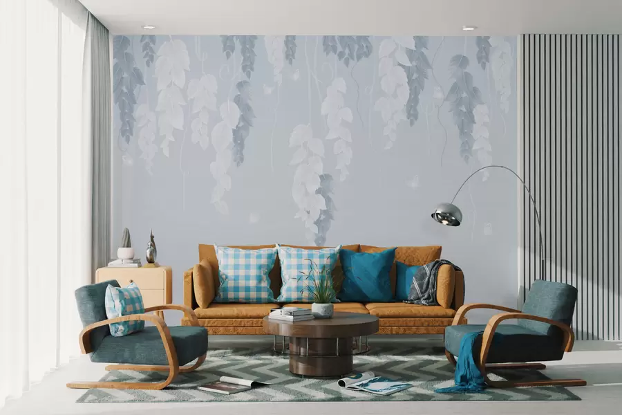 Valokuvatapetti Ripustettavat lehdet ja perhoset sinisellä w02655v1