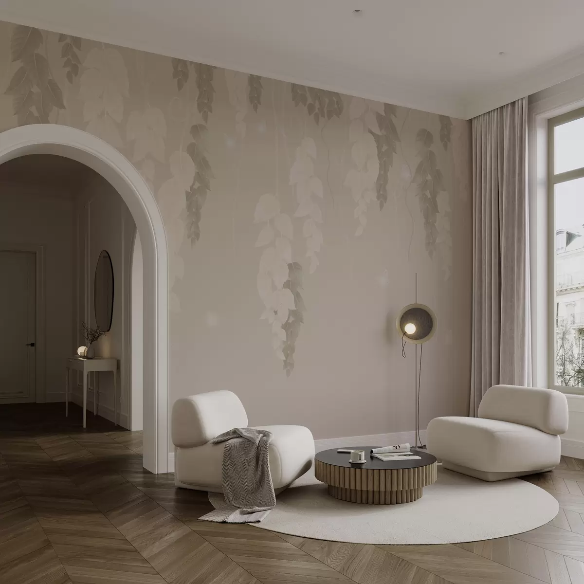 Valokuvatapetti Ripustettavat lehdet ja perhoset beige w02655v2