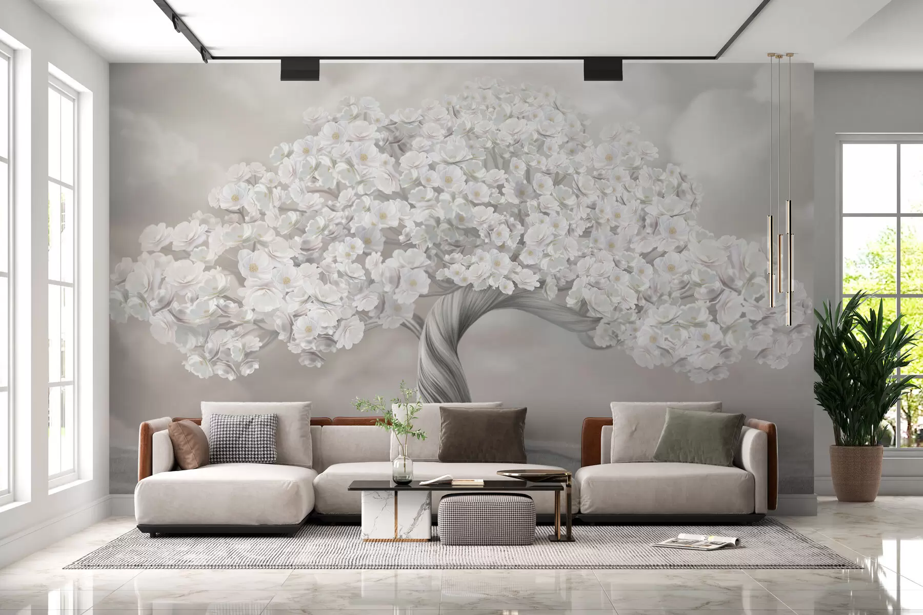 Valokuvatapetti Suuri puu kukkia ja pilviä taustalla pastellivärit w02748v1