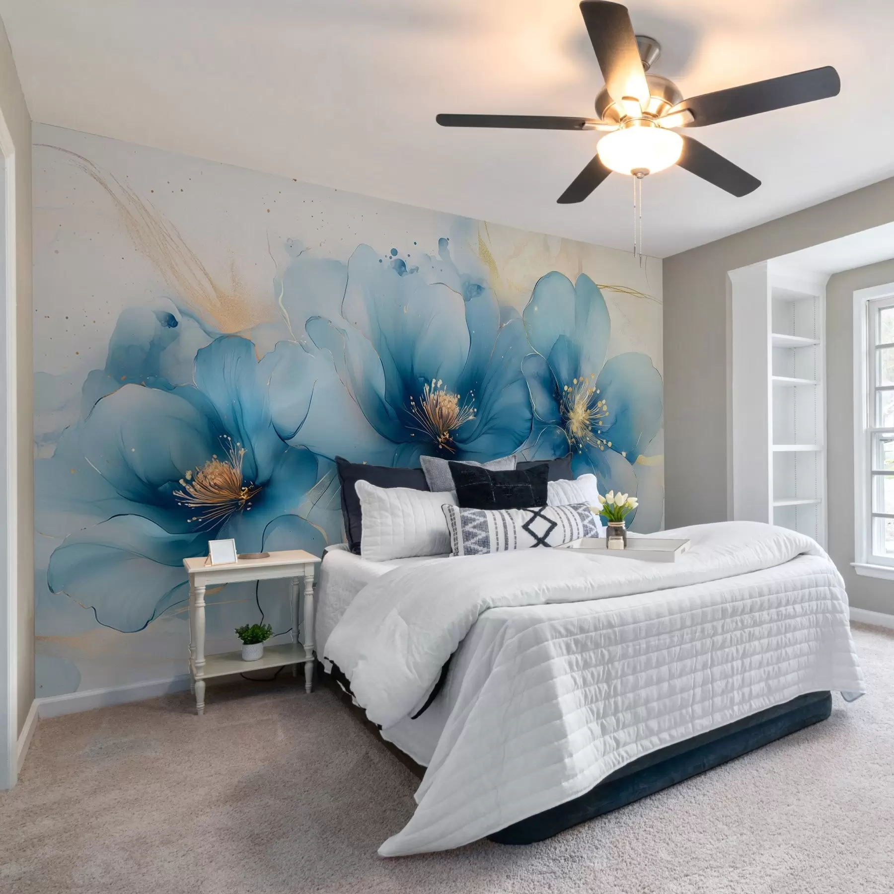 Valokuvatapetti Unenomainen kukka-maalaus, jossa on suuria, herkkiä sinisiä kukkia w02769