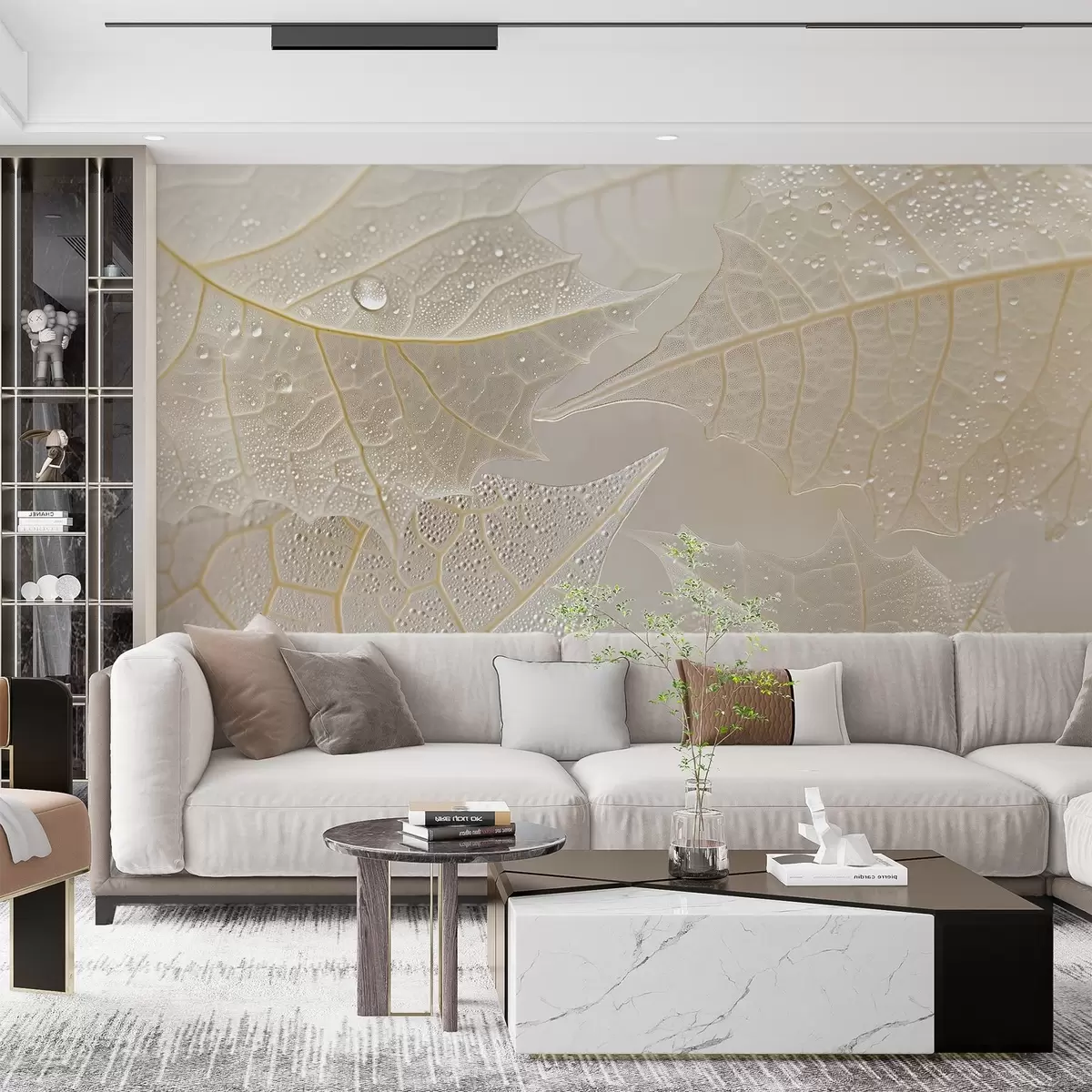 Valokuvatapetti Lähikuva lehdistä, joissa on suonet ja kastepisarat beigen sävyisinä w02872