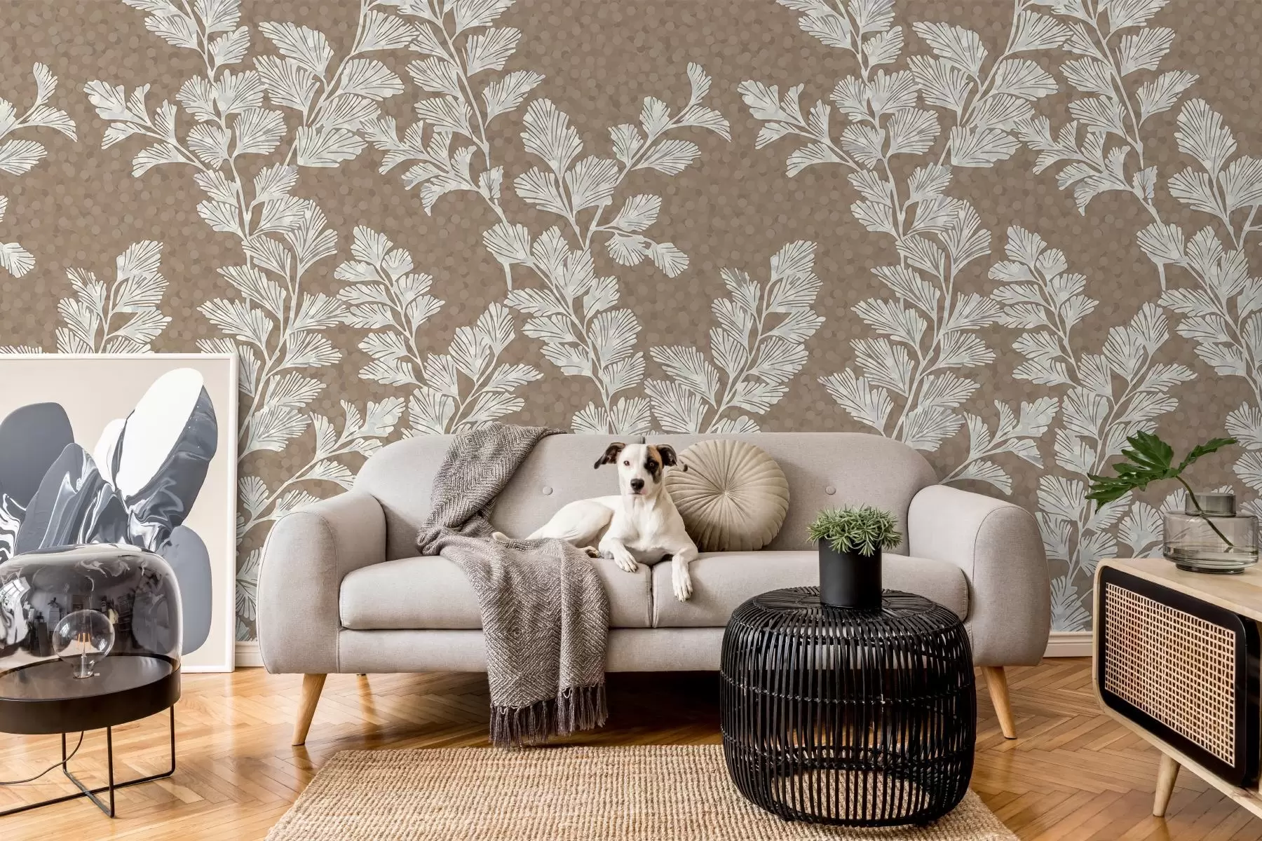 Valokuvatapetti Herkät oksat tummanbeigen pinnan päällä w02784v1