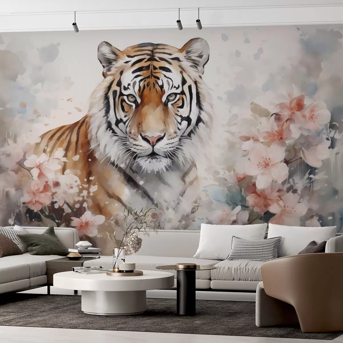 Valokuvatapetti Abstrakti tiikeri kukkia jäljitelmä vesivärit w02892