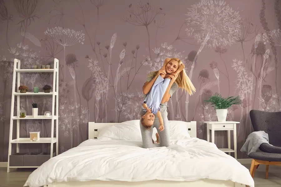 Valokuvatapetti Ilmava voikukkia ja luonnonkukkia vesivärityyliin vaaleanpunaisen sävyjä w08637v1