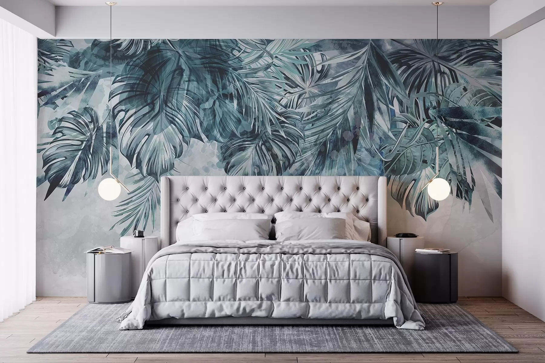 Valokuvatapetti Trooppisia lehtiä, jotka laskeutuvat ylhäältä alas vaaleaa, kuvioitua taustaa vasten, teeren ja vihreän sävyissä w08667