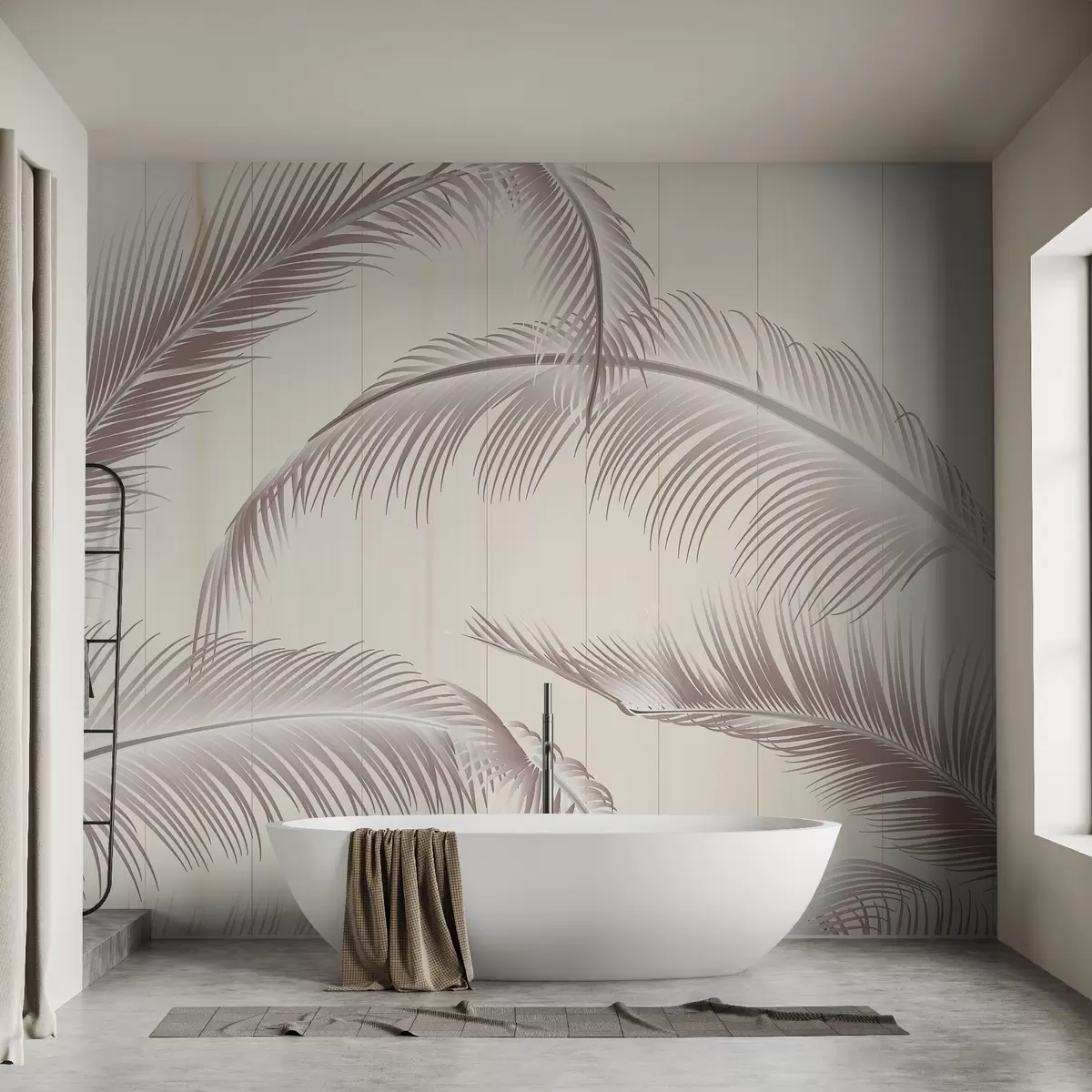 Valokuvatapetti Suuri höyhenkuvio pehmeän vaaleanpunaisen ja beigen sävyissä vaalealla pohjalla, jossa on pystysuoria viivoja, jotka tuovat eleganssia w08685