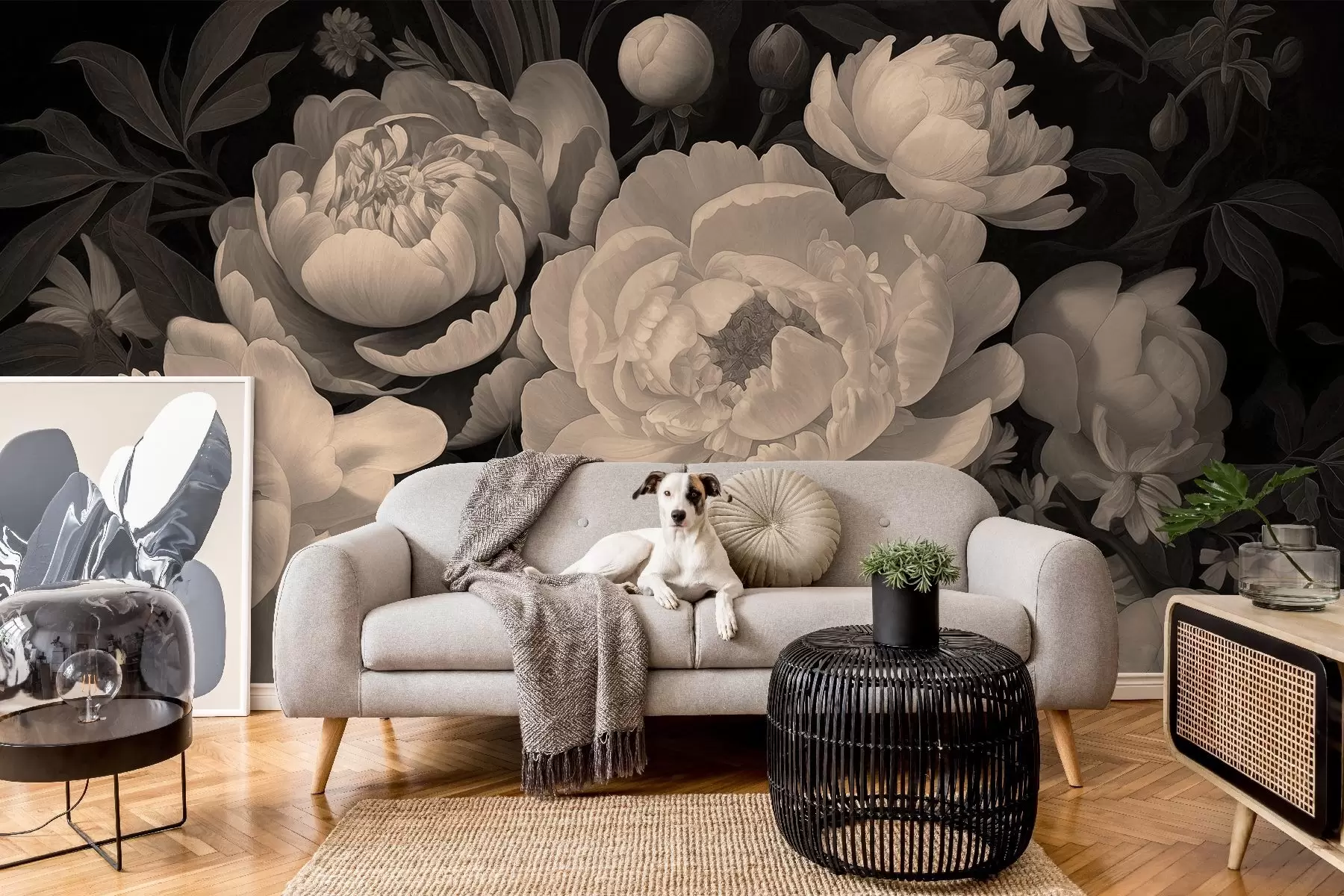 Valokuvatapetti Elegantti kimppu pioneita ja kukkia seepian sävyissä tummalla taustalla w08689v1