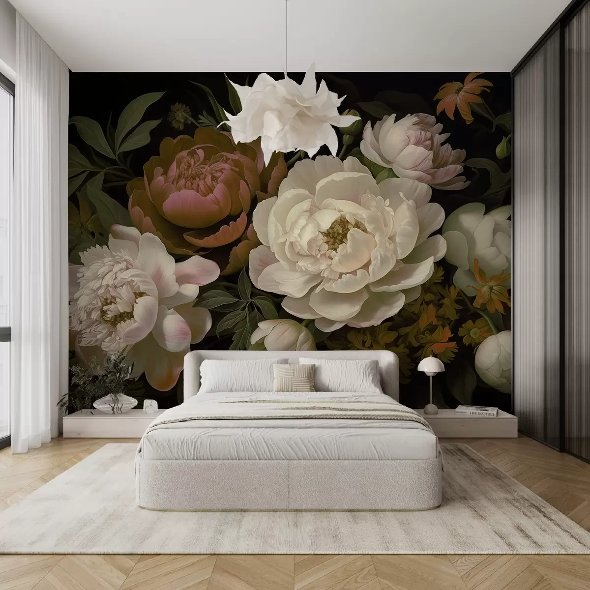 Valokuvatapetti Hieno kimppu pioneita ja kukkia lämpimän kerman, vaaleanpunaisen ja vihreän sävyissä tummalla pohjalla w08689v2