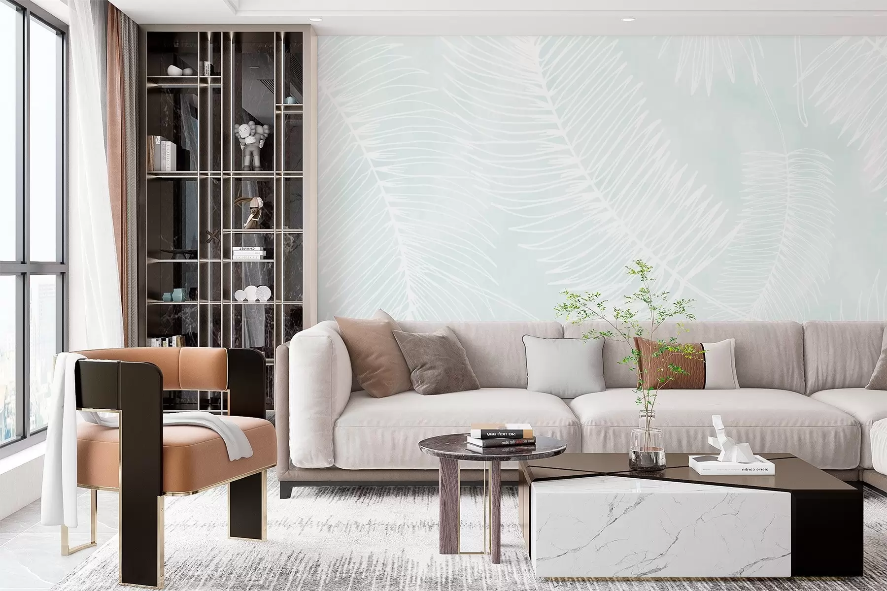 Valokuvatapetti Valkoiset lehtien siluetit kuvioidulla taustalla w02894v2