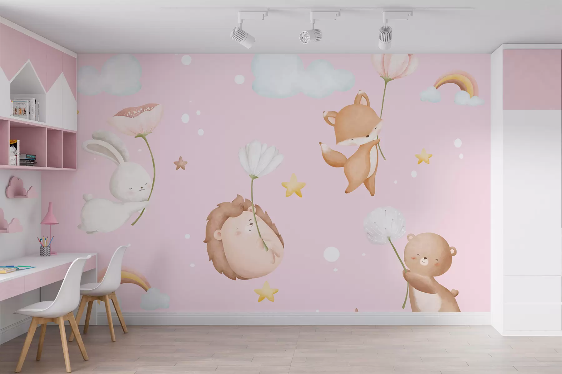 Valokuvatapetti Eläimiä kukkia vaaleanpunaisella taustalla w02897