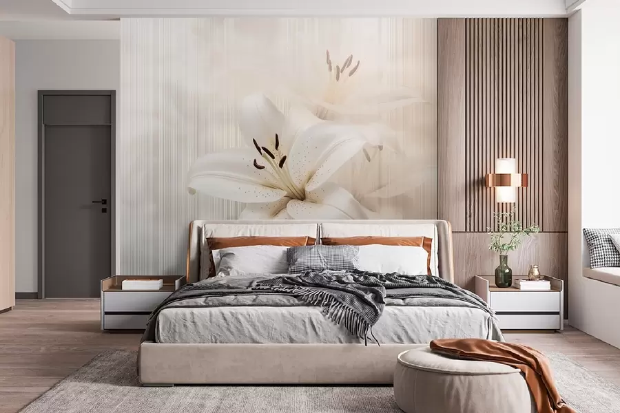Valokuvatapetti Hento beige liljat taustalla pystyraitoja w08676