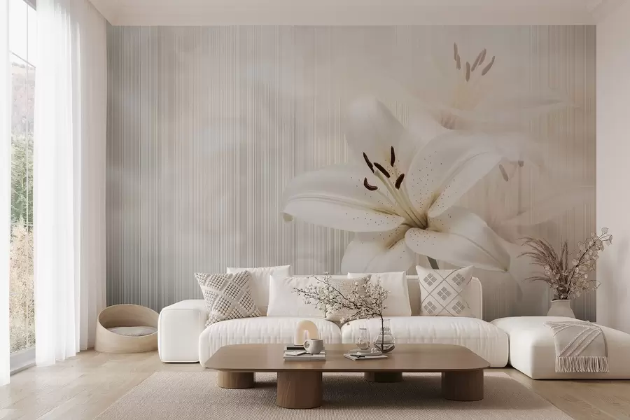 Valokuvatapetti Hento beige liljat taustalla pystyraitoja w08676
